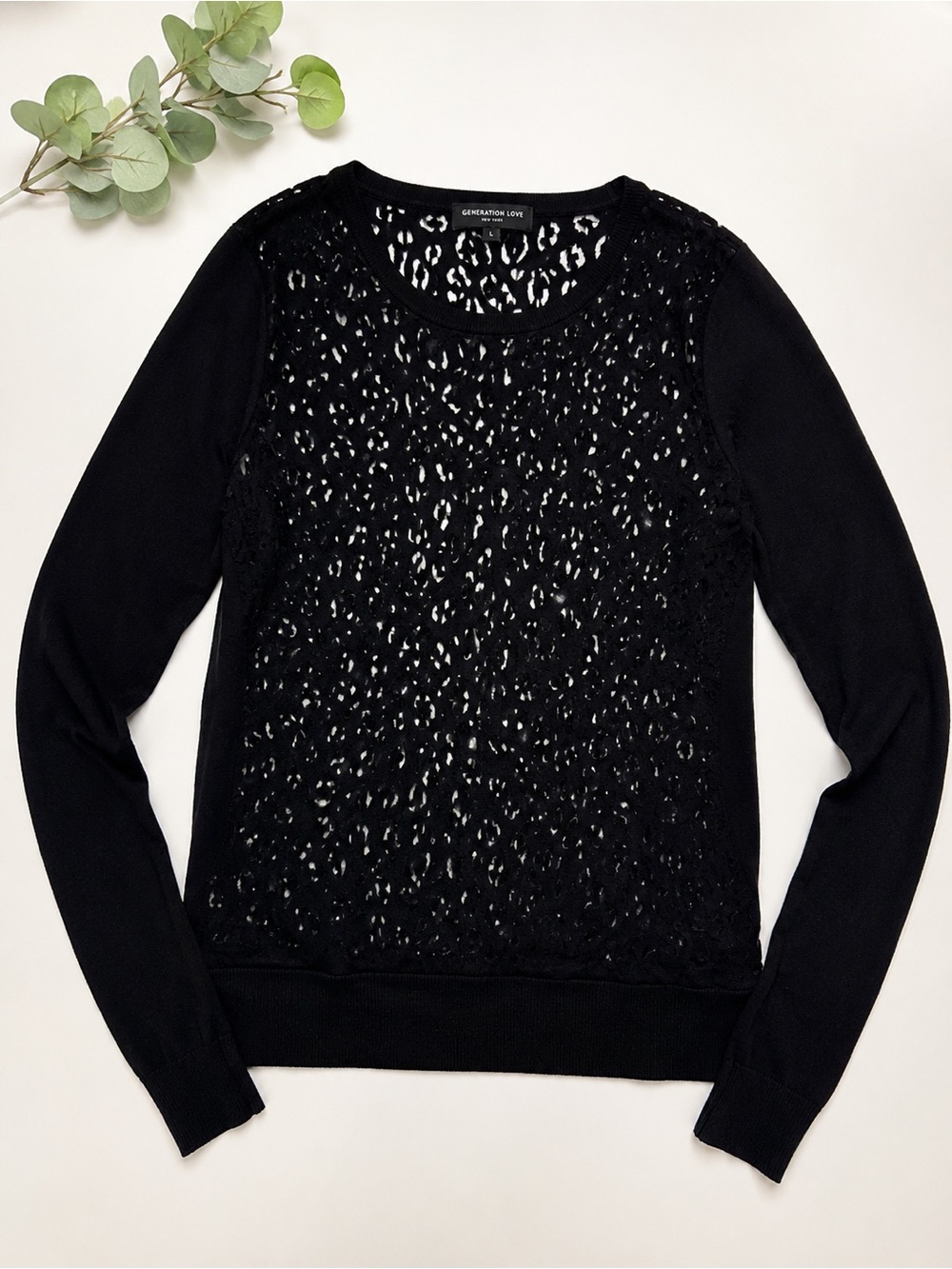 Generation Love Black Long Sleeve Leopard Lace-Front Crew Sweater